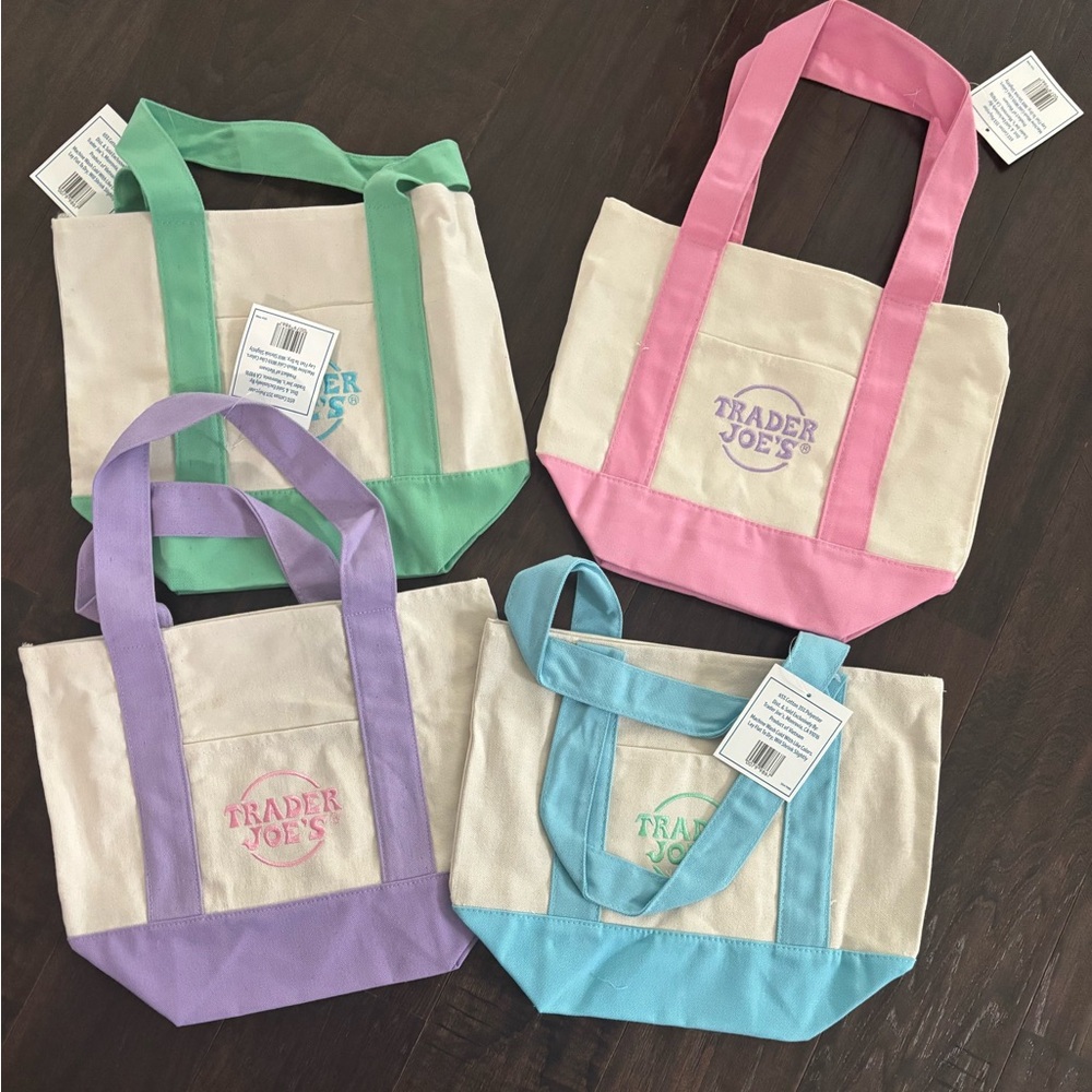 Trader Joe's limited edition canvas mini tote bags - Pink, Purple, Blue, Green